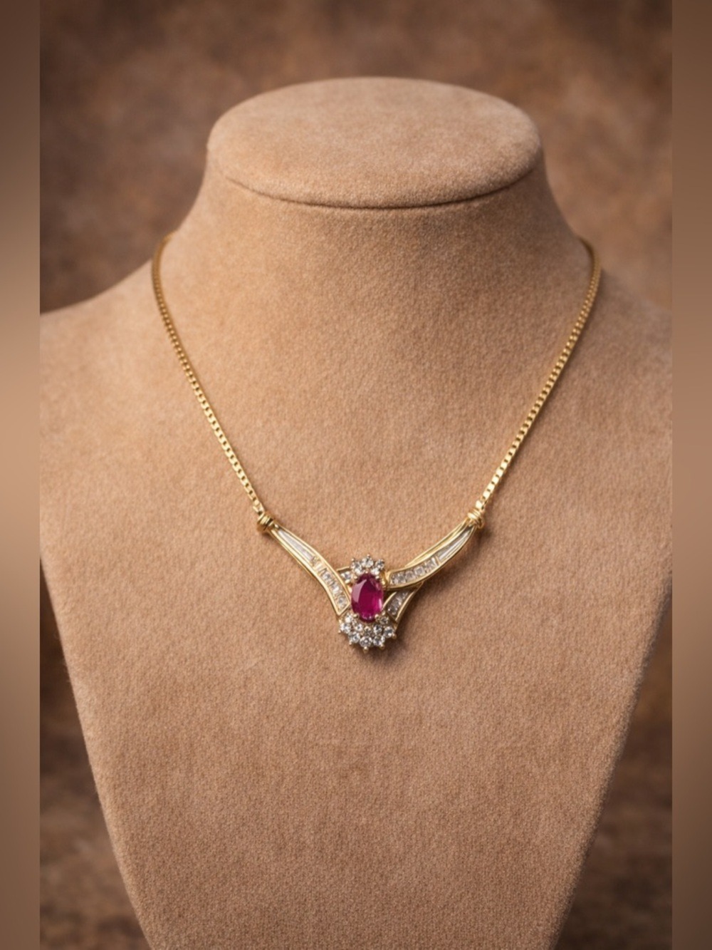 Vintage Italian ADL 10k Gold Ruby & Baguette Diamond Designer Necklace 4.3 grams - Picture 3 of 16